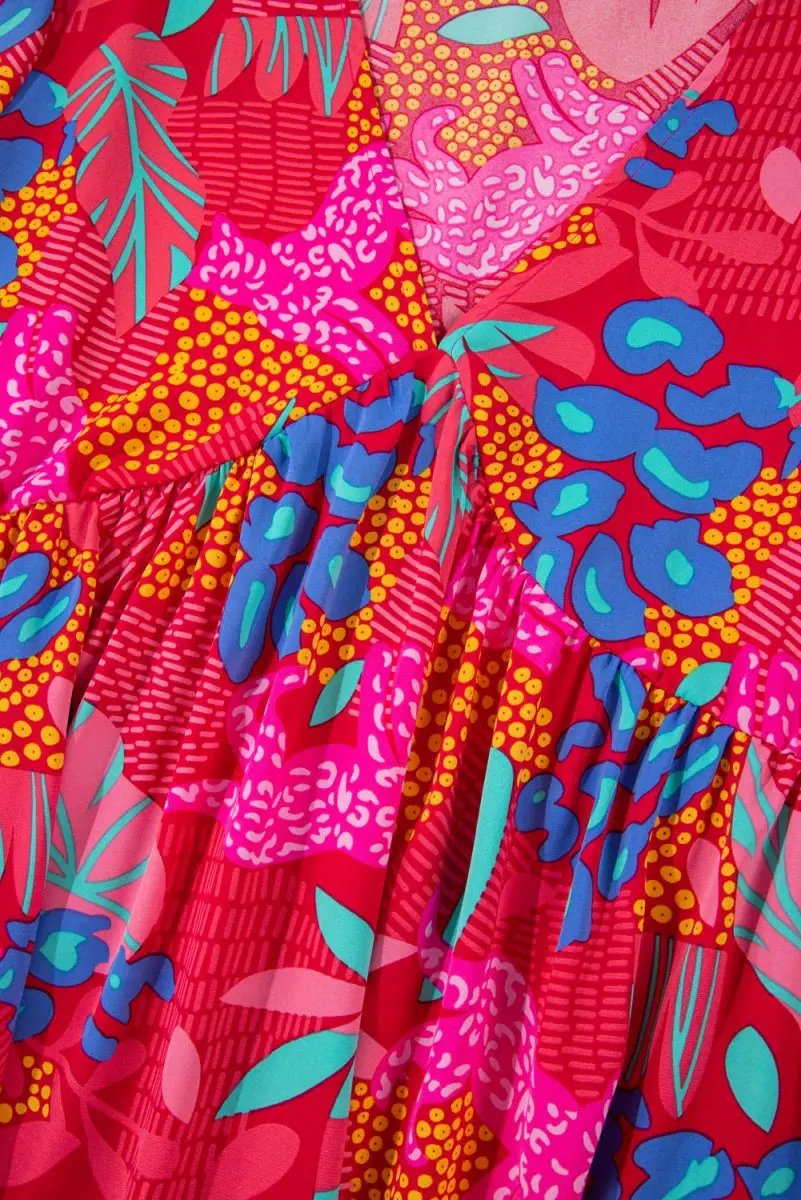 Rose Tropical Printed Lantern Sleeve V Neck Ruffled Plus Size Mini Dress - Love Salve